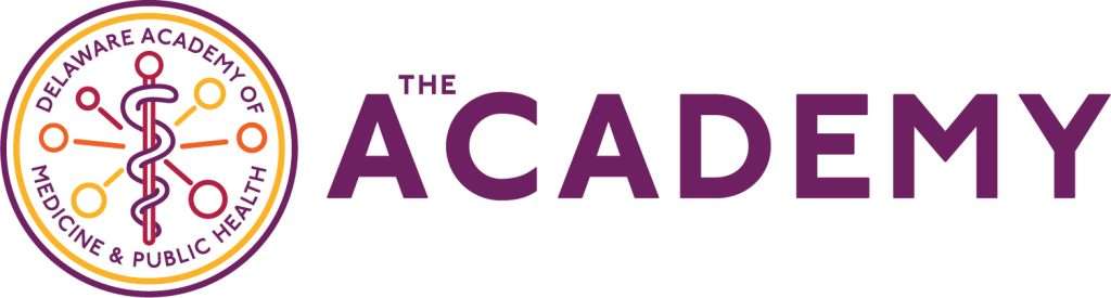 Logo for the Delaware Academy of Medicine & Public Health, featuring a caduceus symbol in a circle with connected dots, and the words “THE ACADEMY” in large purple text to the right.